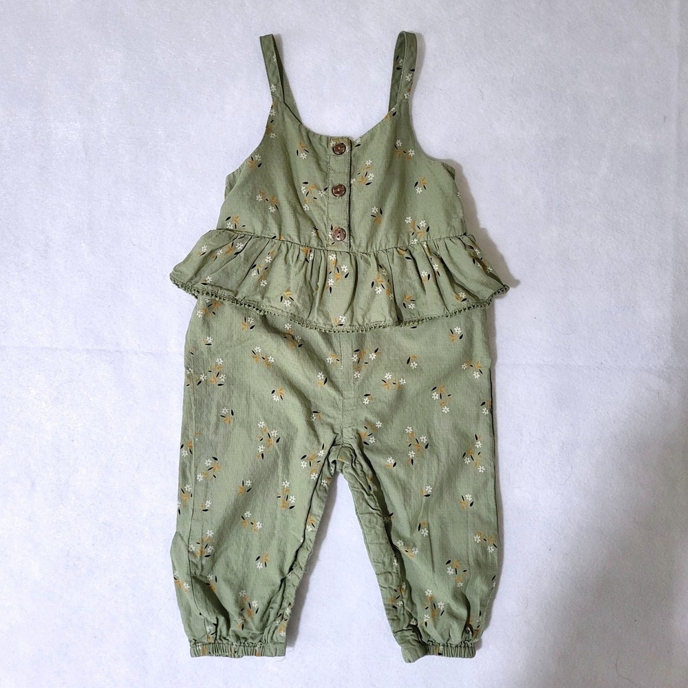 Joie‎ Baby Romper Girsl 6 9 Months Green Floral Ditsy Dainty Ruffle Overalls